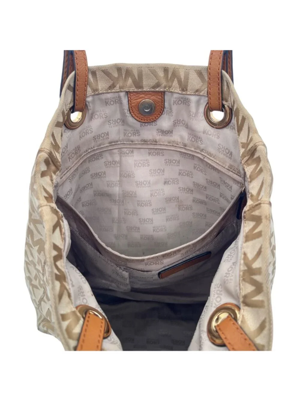 Michael Kors MK Logo Canvas Tote Bag Adjustable Leather Straps Beige Brown Gold